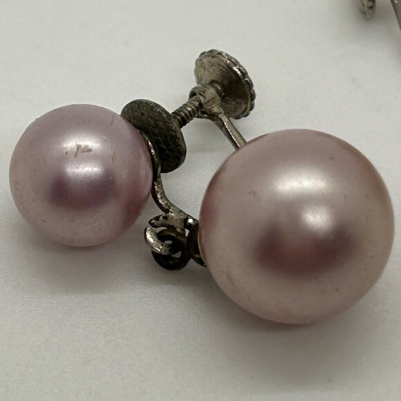 Vtg Pink Faux Pearl Drop Dangle Earrings 925 Screw-Back MCM 1940-50s 5.2 Grams - Picture 8 of 16